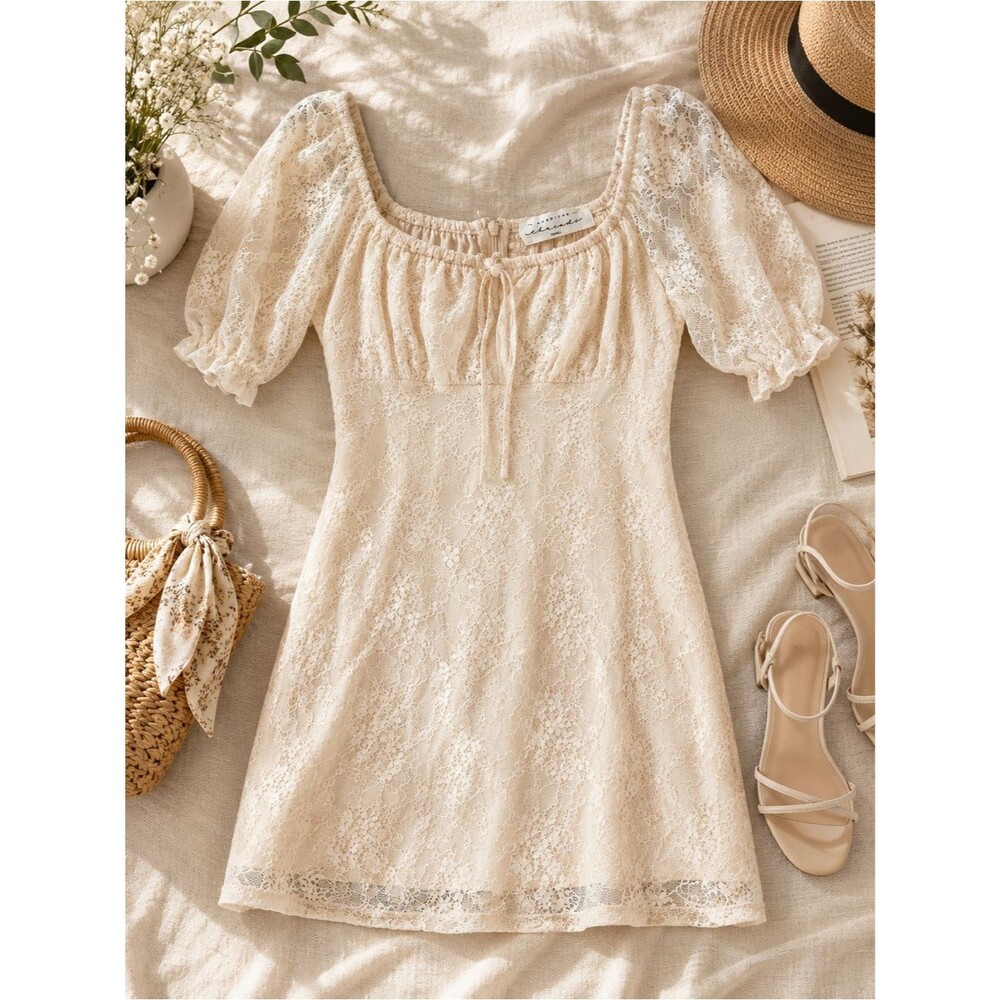 American Threads Cream Lace Puff Sleeve Mini Dress Size S Cottagecore Coquette